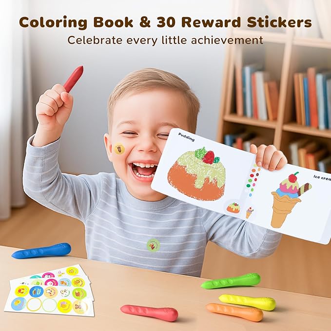 JUPITEARTH 24 Colors Crayons for Kids Ages 4-8 with Coloring Book & Bonus Stickers, Non-Toxic & Washable Triangle Crayons for Toddlers 1-3, Fat Brain Toys for Art Supplies and Ideal for Kids