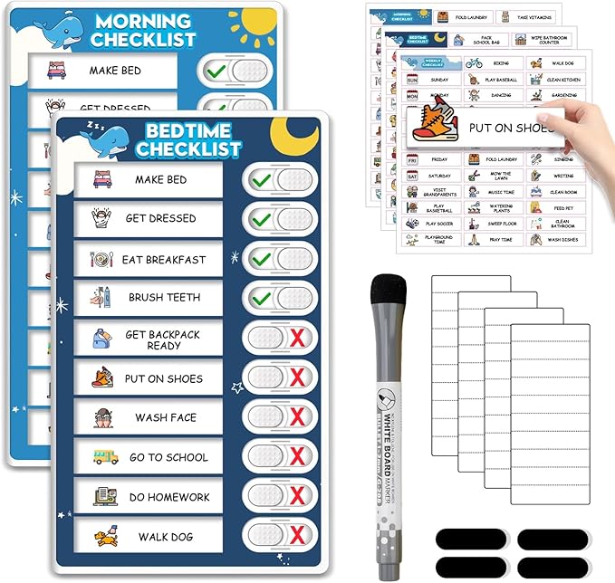 2 in 1 Upgraded Slider Morning/Bedtime Routine Chart for Kids Toddlers - Magnetic Kids Chore Chart for 2 Kids, Dry Erase Chore Chart for Kids, Visual Schedule for Kids with Cute Chore Stickers