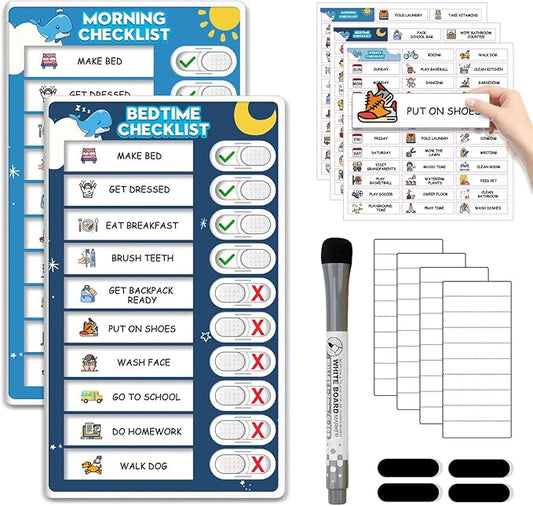 2 in 1 Upgraded Slider Morning/Bedtime Routine Chart for Kids Toddlers - Magnetic Kids Chore Chart for 2 Kids, Dry Erase Chore Chart for Kids, Visual Schedule for Kids with Cute Chore Stickers