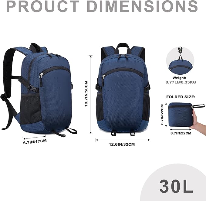 Lightweight Hiking Backpack 30L Packable Foldable Daypack Collapsible Travel Bag Water-Resistant for Women Men (Navy Blue)