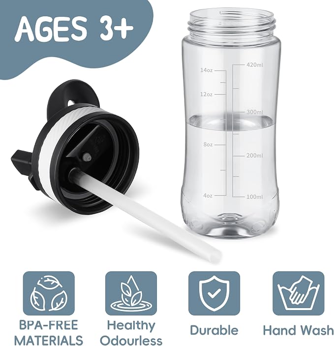 14oz Clear Kids Water Bottle with Straw Lid, BPA-Free Tritan, Measurement Scale, Sturdy Handle Wide Mouth Leak-proof Reusable Plastic Bottle for Boy& Girls, Back to School（Clear）