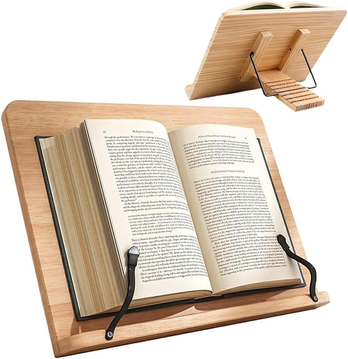 Adjustable Wood Reading Book Stand, Portable Book Holder with Page Stoppers, Ergonomic Desk Book Holder for Reading, Studying, Cooking, Textbook & Recipe Display(13.4x9.45inch)