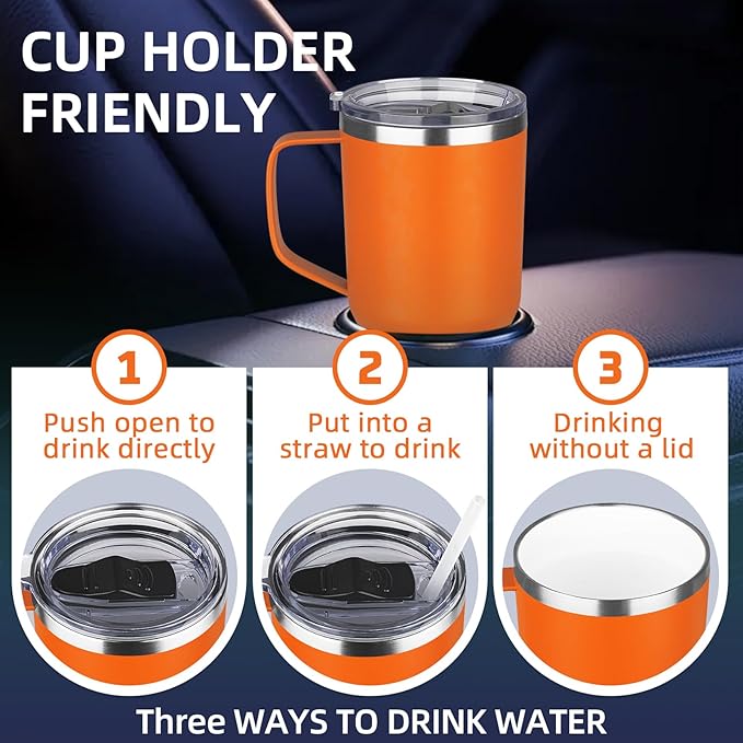 20 oz Insulated Coffee Mug with Ceramic Coating, Stainless Steel Travel Mug Tumbler with Handle Lid and Straw, Double Wall Leak-Proof Coffee Travel Mug Keeps Drink Hot and Cold (Orange)