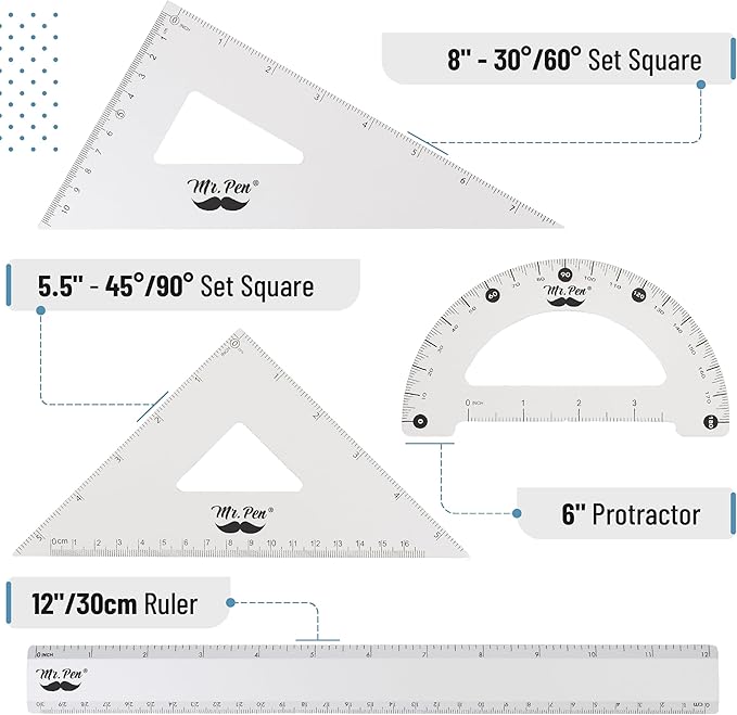 Mr. Pen- Metal Geometry Kit, 4 Pack, 45° & 30°/60° Set Squares, 6" Protractor & 12" Ruler, Durable Metal Drafting Tools for Technical Drawing, Math, Engineering & Architecture