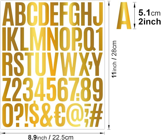 Vinyl Letter Stickers 2 Inch, 8 Sheets Decorative Alphabet Decals, Waterproof Self Adhesive Letters for Gift Wrapping, Wedding Signs, Party Decorations and DIY Crafts (Gold)
