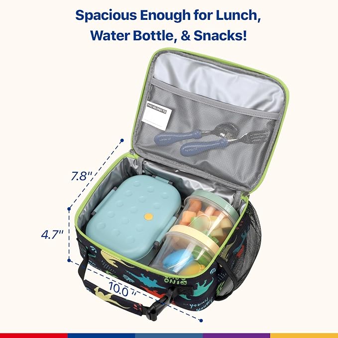 Bagseri Kids Lunch Bag with Ice Pack Included - Insulated Lunch Box for Boys Reusable Meal Tote for School & Travel, Black Dinosaur