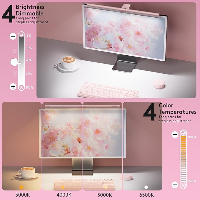 Quntis 20" Pink RGB Monitor Light Bar, 15 Gaming Backlight Modes, Eye-Care No Glare, Adjustable Frontlight Brightness & Color Temperature Remote Control, Modern Aesthetic USB Reading Monitor Lamp