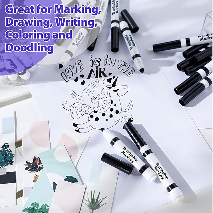 36 Pcs Black Washable Markers Bulk Coloring Broad Line Markers for Kids Black Conical Tip Drawing Pen for School, Travel Art Baby Shower Gender Reveal Christmas Party Supplies, Ages 6+