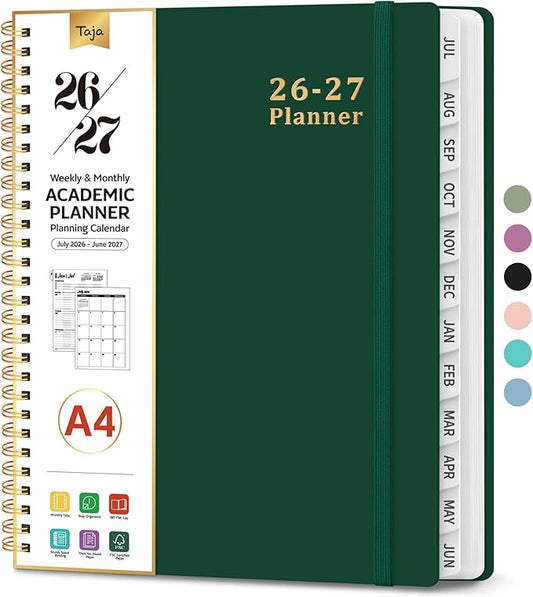Planner 2026-2027, Weekly and Monthly Academic Year Planner Calendar, July 2026 - June 2027, Hardcover Large School Planning Agenda With Tabs, Perfect for School & Office Supplies, A4 (8.5" x 11"), Dark Green