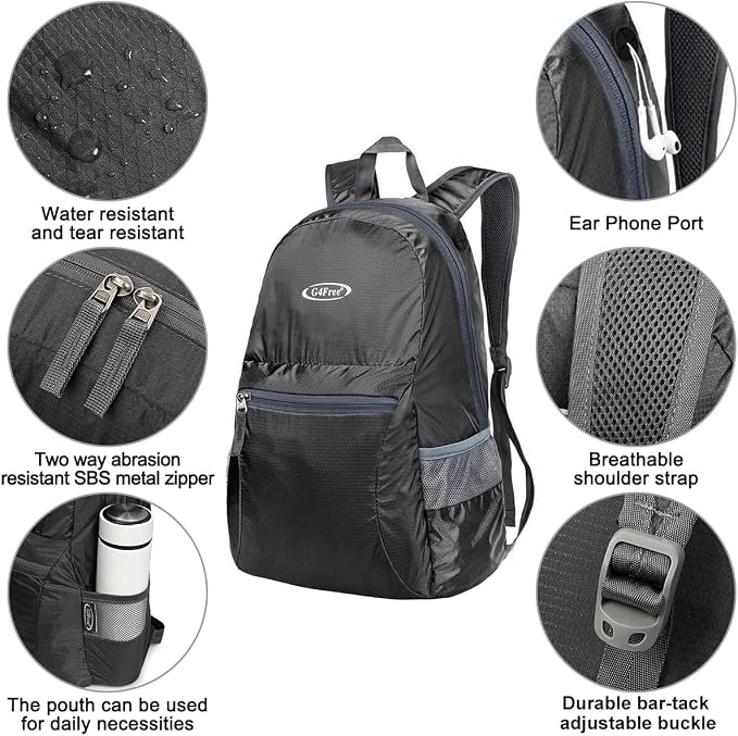 G4Free 20L Small Packable Travel Hiking Backpack for Men Women | Lightweight Foldable Waterproof Daypack for Outdoor, Black