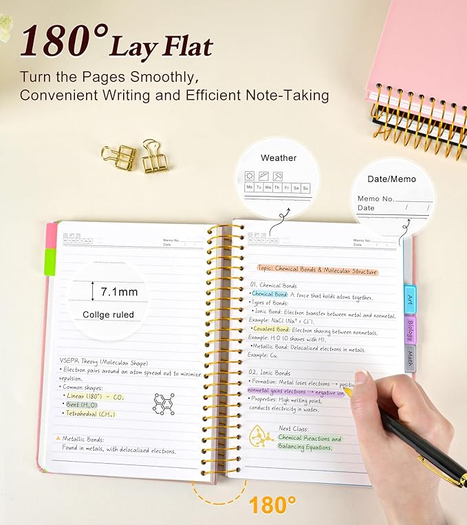 5 Subject Notebook College Ruled 240 Pages, A5(5.8"x8.3") Hardcover Spiral Notebook with Removable Pocket Dividers Tabs, Lined Spiral Journal Notebook for Women, Notebooks for Work School Note taking Pink