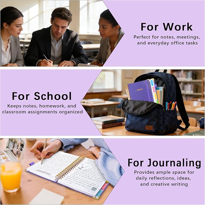 Hardcover Spiral Notebook with Removable Dividers & Tabs, 8.5"x11" 5 Subject Notebooks for Work, 300 Pages College Ruled Notebook, A4 Sparkle Lined Journal for Women Girls Note-Taking (Purple)