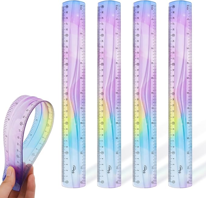 4 Pcs 12 Inch Flexible Ruler, Bendable Plastic Ruler, Gradient-Colored Flexible Rulers with Centimeters and Inches for Students, School, Classroom and Office Use