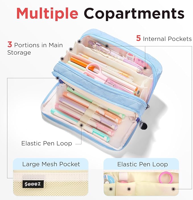 Sooez Large Pencil Case Pouch, Extra Big Pencil Bag with 8 Compartments, Pen Bag Wide Opening, Soft Quilted Pencil Pouch Organizer with Zipper, Portable Pencil Case for Teen Girls, Sky Blue