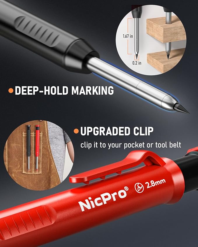 Nicpro 5 Pack Carpenter Pencil with Sharpener, Mechanical Carpenter Pencils with 41 Refills, Construction Pencil Heavy Duty Woodworking Pencils for Architect (Red, Black, Orange, Blue, Black)