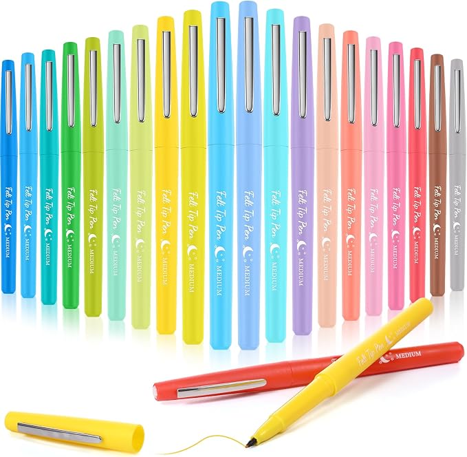 Fuyoooo 20 Pcs Felt Tip Pens 0.7mm Colored Felt Pens Marker Medium Point Journal Planner for Journaling Writing Note Taking Art Office Supplies(Mixed Colors)