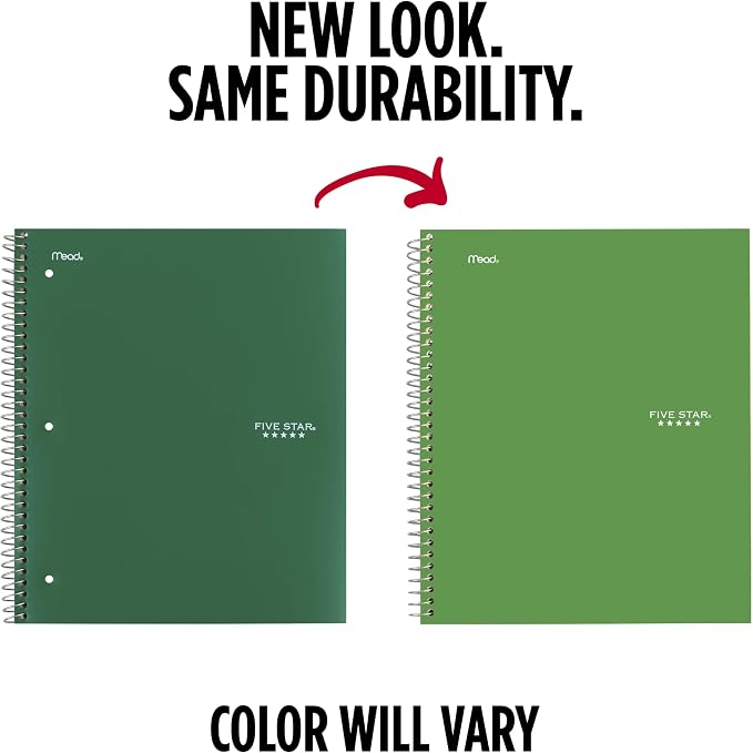 Five Star Spiral Notebook + Study App, 3 Subject, College Ruled Paper, Fights Ink Bleed, Water Resistant Cover, 8-1/2" x 11", 150 Sheets, Green (72067)