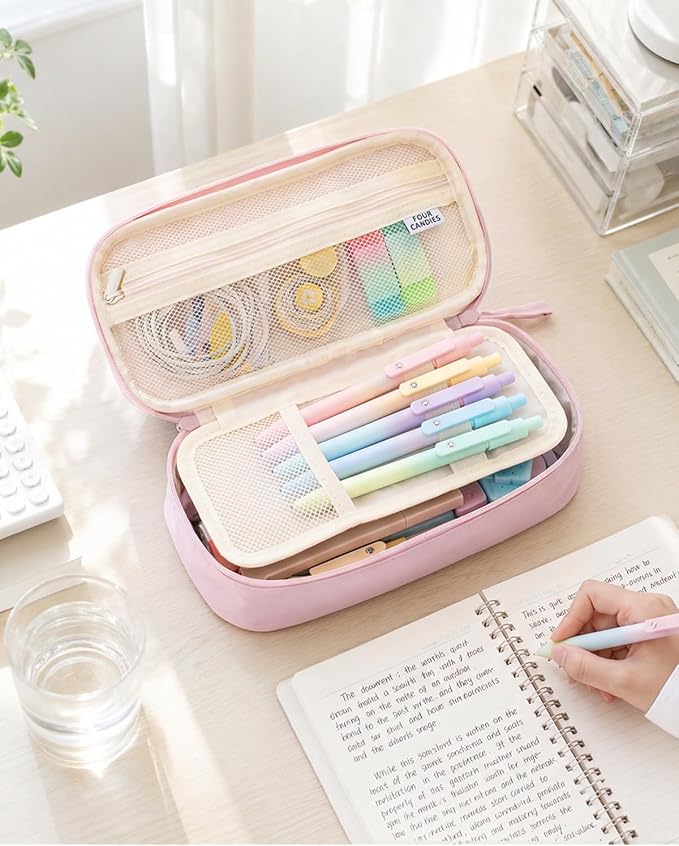 Four Candies Large Pencil Case, 5 Compartments Canvas Pen Organize | Big Capacity Pencil Pouch Bag for School Supplies, Portable Stationery Holder for Teen Girls Boy Men Women(Pink)