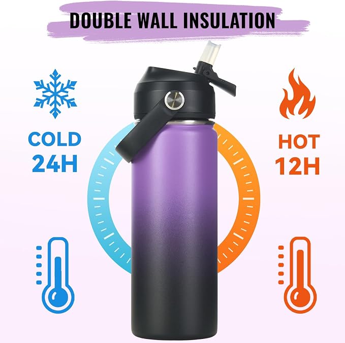 Fijinhom 18oz Insulated Stainless Steel Water Bottle, Wide Mouth Double Wall Vacuum, Silicone Straw, Sweat & Leak Proof, BPA Free Insulated Water Flask for Travel, Purple & Black
