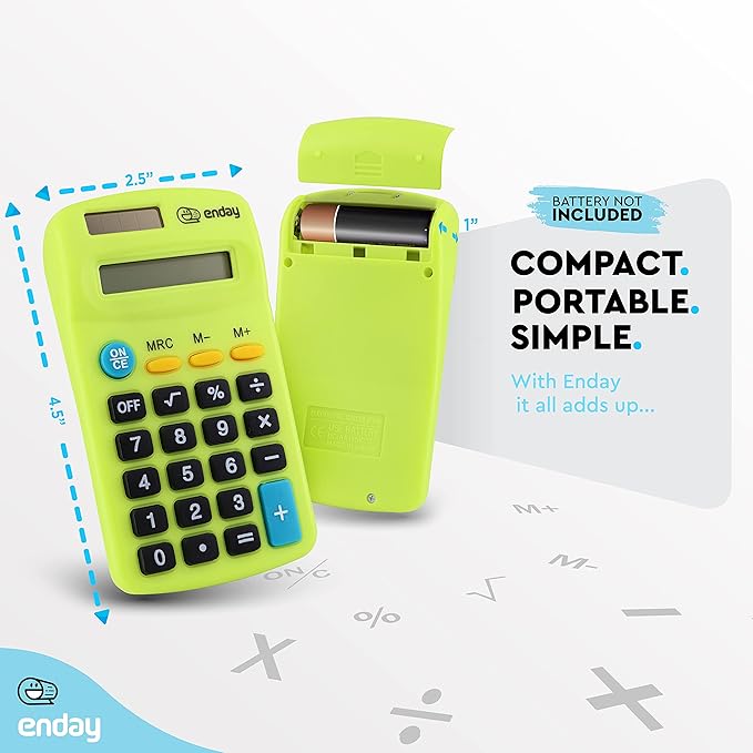 Calculator Green, Basic Small Solar and Battery Operated, Large Display Four Function, Auto Powered Handheld Calculator School and Kids Available in Blue, Red, Purple, Grey, Pink, 24 PK – by Enday