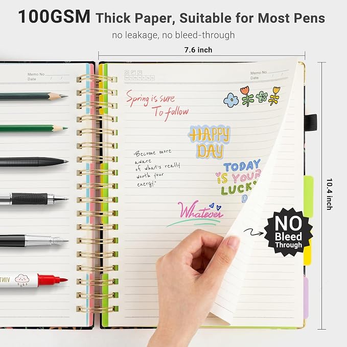 Hardcover Spiral Journal Notebook, 300 Pages 5 Subject Notebook College Ruled with Removable Dividers Tabs, 8" x 10" Notebooks for Work, Spiral Ruled Lined Writing Journal Hardcover Leather Notebook for School (Black Floral, 8''x 10'')
