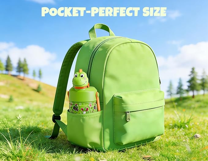 POWCAN Kids Water Bottle for School: 2-in-1 Straw Spout Lid with Soft Animal Head, Leakproof, Backpack Friendly, Keep Cold 24H, Insulated cup for Sports, Playground, Holiday Gift, Cowboy Rex 12 Ounces