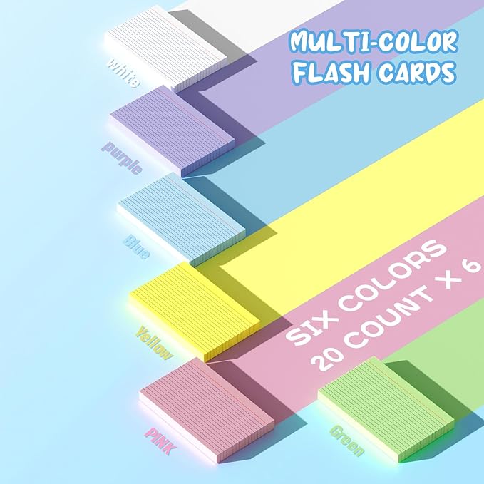 120 Count Index Cards 5x8, 6 Colors large Index Card, Colored Note Cards 5x8, 20 Sheets Per Lined Index Cards Ruled, Color flash cards 5x8, Colored Notecards 5 x 8 for Office, School, and Home