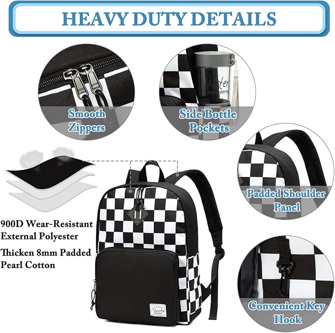 VASCHY School Backpack, Lightweight Travel Backpack for Men Women Schoolbag Bookbag for Kids Teen Boys Girls Black White Plaid Checker