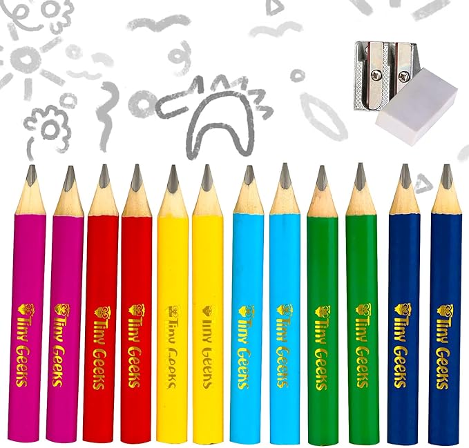 TinyGeeks Jumbo Pencils HB - NEW -12 - Triangle Short Pencils for Kids + Sharpener - Perfect for Preschool, Toddlers and Beginners + Recommended by Teachers & Experts Jumbo black