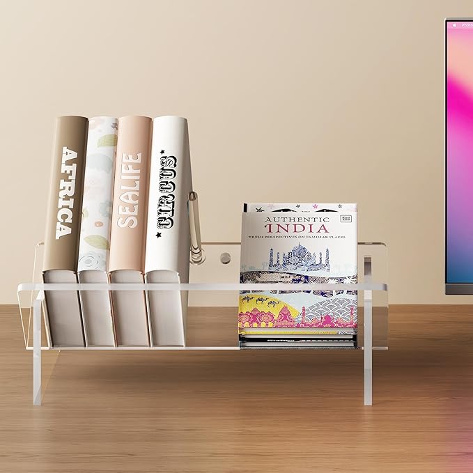 Clear Acrylic Small Bookshelf,Desk Bookcase for Kids Space-Saving Book Holder,Slanted Transparent Mini Book Storage Rack for Office Bedroom Living Room
