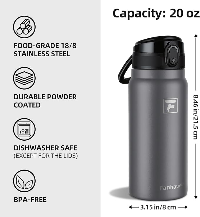 Fanhaw 20 Oz Insulated Stainless Steel Water Bottle with Chug Lid – Wide Mouth, Leak-Proof, BPA-Free – Ideal for Kids, Adults, Sports, Gym, and Outdoor Use (Gray)
