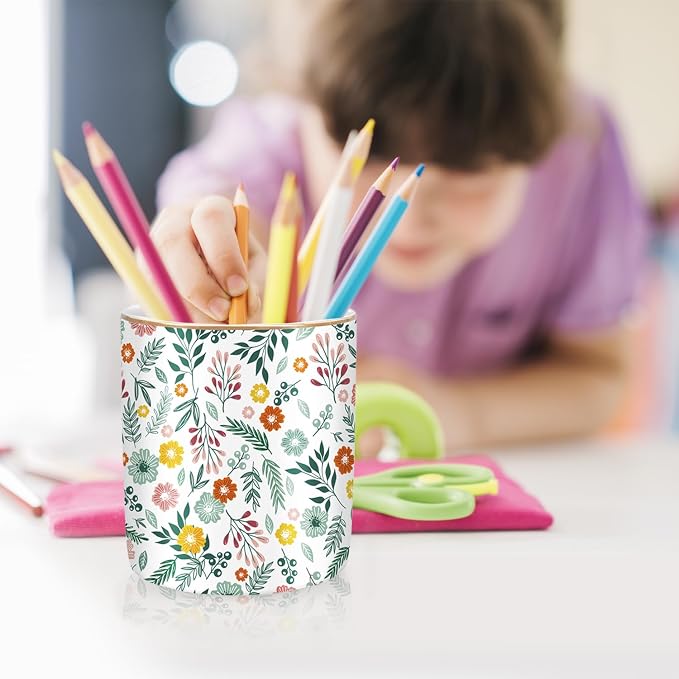 Desk Pen and Pencil Holder, Ceramic Multifunctional Organizer for Home, Office, and School, Green Floral Pattern