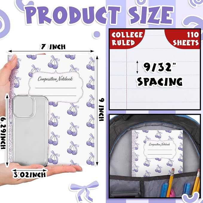Fullhawl 6 Pack Composition Notebook College Ruled Bulk Light Purple Bow Composition Notebook Preppy Lavender Aesthetic for Back to School Supplies 110 Pages 9-3/4 x 7-1/2" for First Day of School