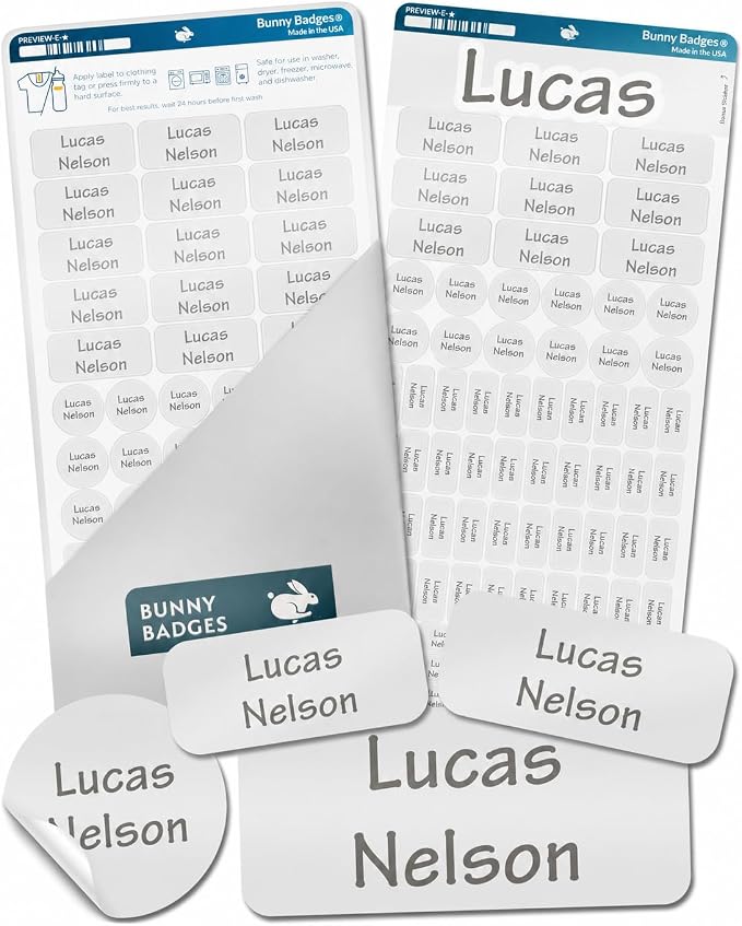 Bunny Badges Personalized Name Labels for Kids (75 Labels) - Custom Waterproof Name Stickers for Daycare, Clothing Tags, Water Bottles, Lunch Boxes and School Supplies (Pastels)
