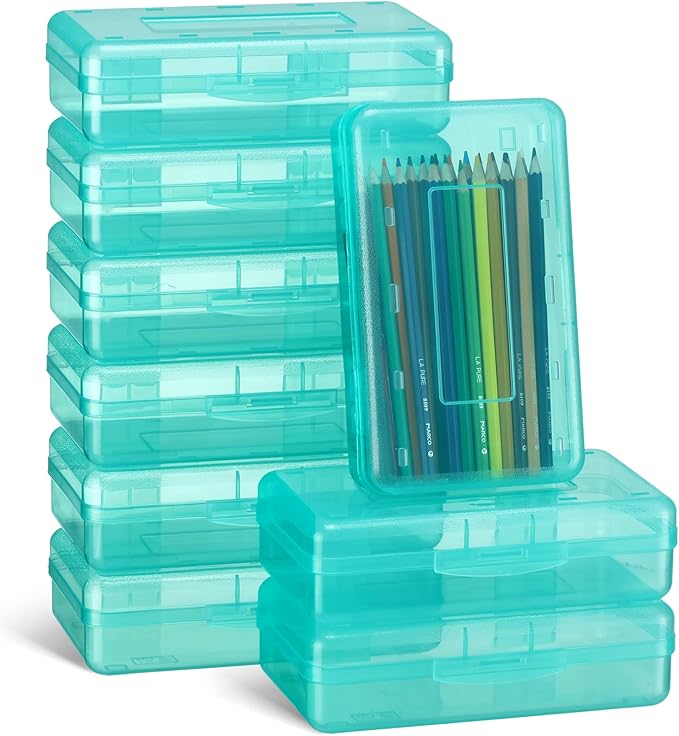 Leelosp 12 Pack Clear Pencil Boxes for School Bulk, Large Plastic Pencil Case with Lid, Stackable Hard Crayon Storage Box for Classroom Kids, Desk Drawer Organizer for Office Home(Jade)
