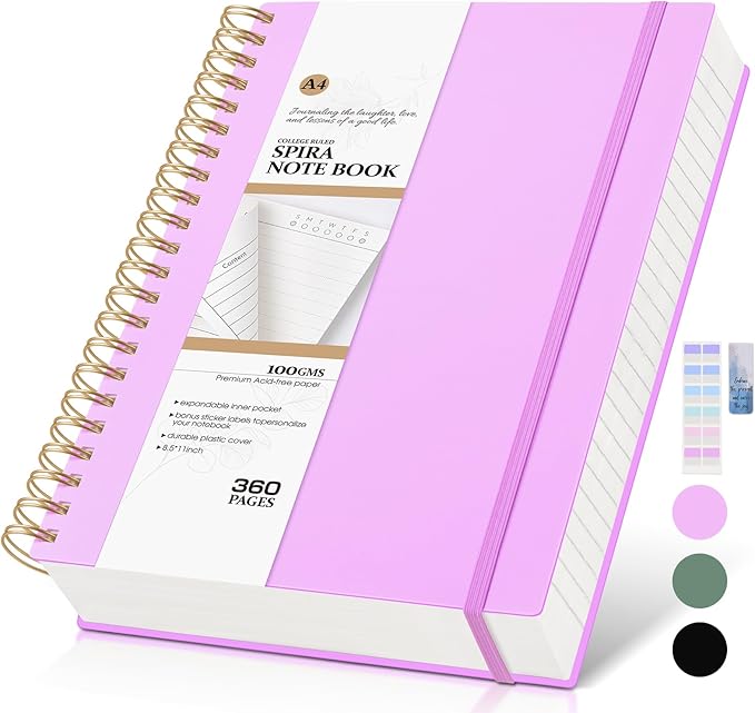 MUAHLIUB Spiral Notebook Journal College Ruled 8.5''x 11'', 360 Pages Lined Thick Journals for Women Men, A4 Large Writing Spiral Journal with 100GSM Paper, Spiral Notebooks for Work, School Purple