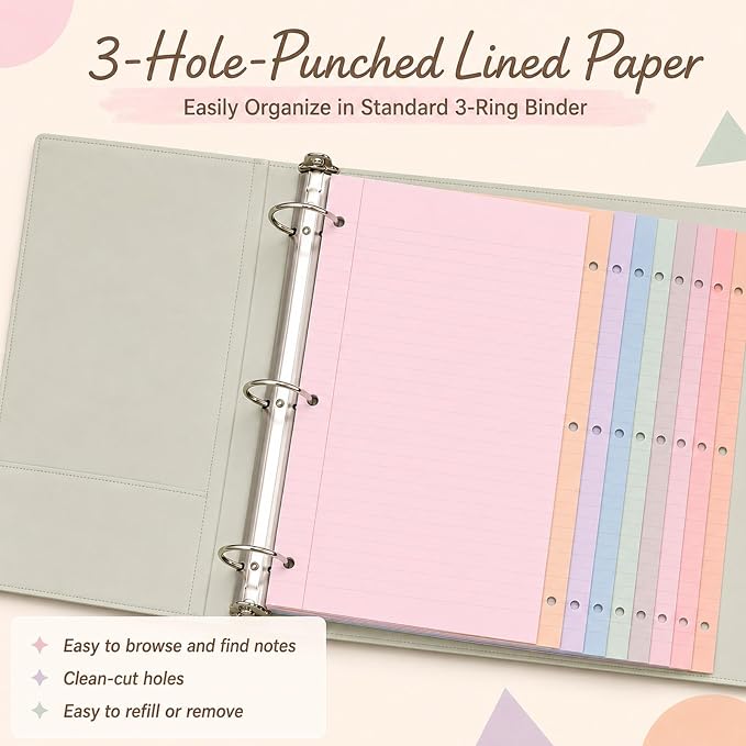 gisgfim 100 Sheets 3 Hole Punched Lined Refill Paper 8 x 10.5 Inch Loose Leaf Paper 3-Ring Binders College Ruled Notebooks Planner Inserts Thicken for Writing School Office Home Supplies(Dreamy)