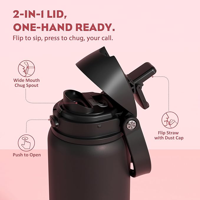 POWCAN 32 oz Stainless Steel Water Bottle: 2-in-1 Push-Button Spout & Quick-Flip Straw Lid, Leakproof, Keep Cold 24Hrs, BPA-Free, Insulated Water Bottle for Sports, School, Travel, Gym, Gift (Queen)