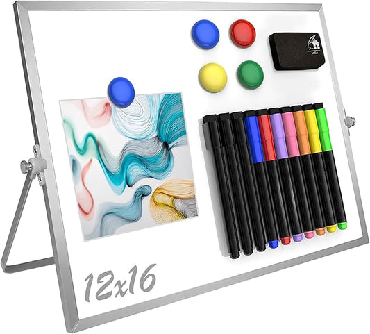 Magnetic Dry Erase Board 16x12 Inch - Double-Sided Desktop Whiteboard with 360° Rotating Stand - Small Portable White Board Set with 10 Markers, 4 Magnets, Eraser for Home Office, School, Desk