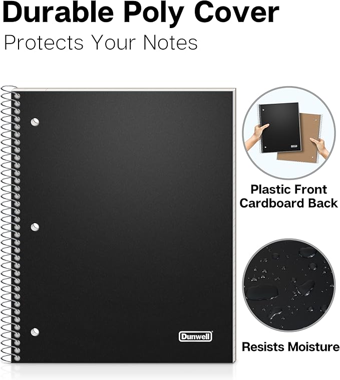 Dunwell College Ruled 1 Subject Notebook, 80 Sheets, Spiral Notebook with 8.5 x 11 Paper, Protective Plastic Cover, Divider with Pockets, Perforated Pages, 3-Hole Punched