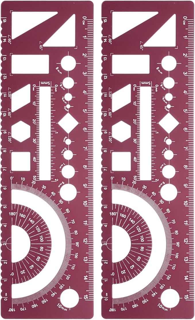 HARFINGTON 2pcs Multifunctional Geometric Rulers 15cm Metric and SAE Aluminum Straight Edge Protractor Angle Math Measuring Ruler Geometric Drawings Templates for Drawing Drafting, Dark Red