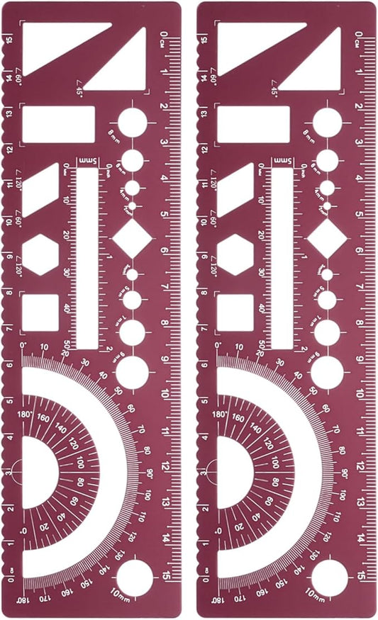 HARFINGTON 2pcs Multifunctional Geometric Rulers 15cm Metric and SAE Aluminum Straight Edge Protractor Angle Math Measuring Ruler Geometric Drawings Templates for Drawing Drafting, Dark Red