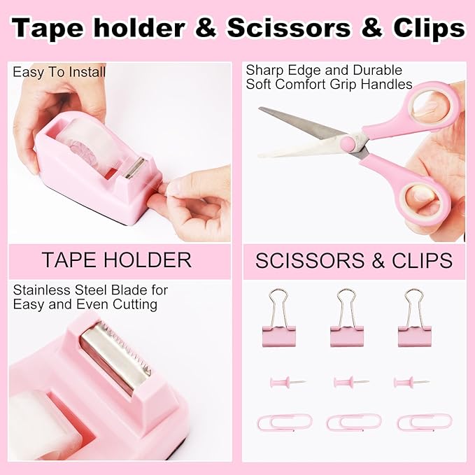 Gawsey Desk Organizers and Accessories Set with 360-Degree Rotating Pen Holder, Tape Dispenser, Stapler, Staple Remover, 1000 Staples, Tape, Clips Set, Ruler, Scissor, Pen (Pink-A)