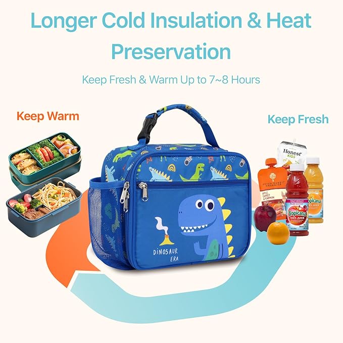 Bagseri Kids Lunch Bag Boys - Thermal Insulated Lunch Box Tote with Water Bottle Holder, Reusable Leak-Proof Kids Lunch Box for Daycare & School, Blue Cute Dinosaur (Containers Not Included)