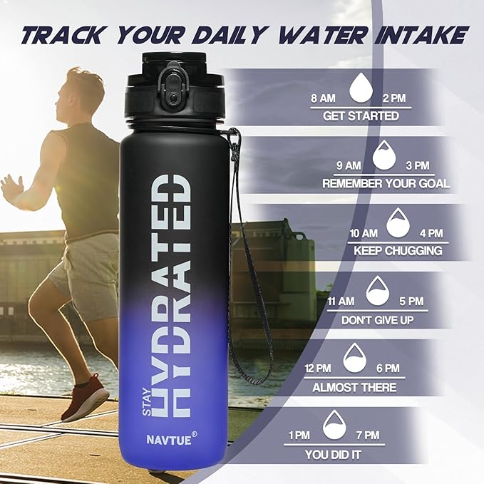 Water Bottle, 32 oz Sports Water Bottles with Time Marker Wide Mouth, Motivational and Leakproof Drink Bottle, BPA Free Tritan with Carry Strap for Gym Fitness Outdoor(1 Bottle)