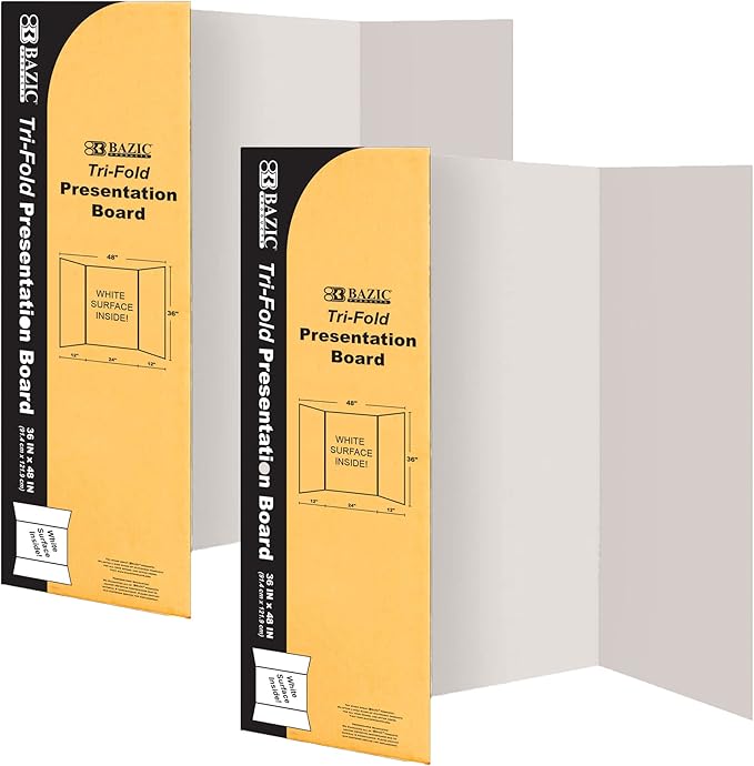 BAZIC Products Trifold Poster Board – White Corrugated Cardboard Display Board for School Projects, Science Fairs, Photos, Charts, and Classroom Presentations, 36" X 48", 2-Pack