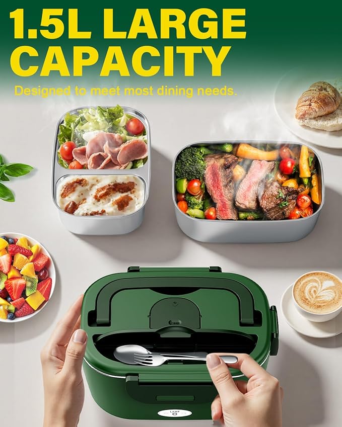 Geveniss Electric Lunch Box for Adults, Heated Lunch Box for Car and Truck, Portable Food Warmer for Office Work, 80W Fast Heating, Dual Removable 1.5L Stainless Steel Containers