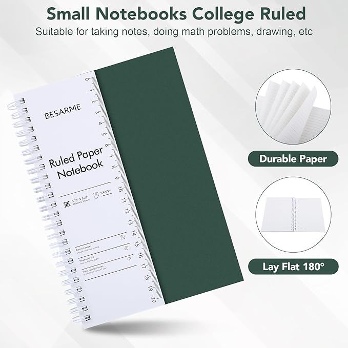 BESARME 4 Pack College Ruled Notebook, A5 Lined Spiral Notebook with Ruler Waterproof Plastic Spiral Journal 5.7" x 8.22" Hardcover Journal for Work School Supplies