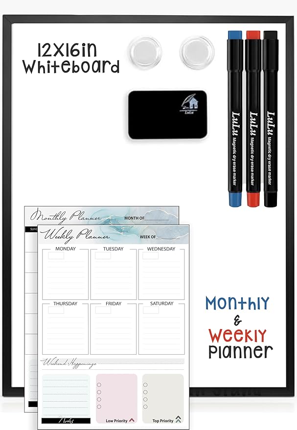 Magnetic Dry Erase Board 12x16 with Foldable Stand, Portable Black Desktop Whiteboard for Home, Office, School & Kitchen, Includes Weekly & Monthly Magnetic Planner Sheets