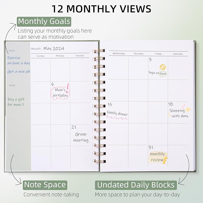 Undated Weekly and Monthly Planner Spiral Bound- Weekly Goals Notebook, To Do List, Habit Tracker Journal, Academic, Aesthetic, Stylish School or Office Supplies(6.1" x 8.4" - Green)